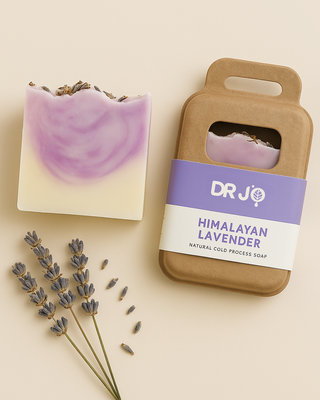Artisan Himalayan Lavender soap styled in bathroom setting
