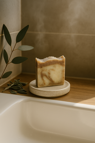 Artisan Mystic Palosanto soap styled in bathroom setting