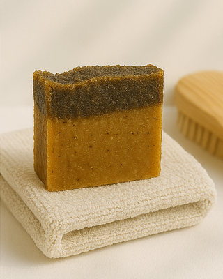 Flat lay of coffee exfoliating soap styled with coffee beans