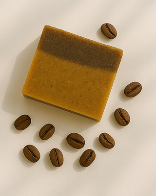 Flat lay of coffee exfoliating soap styled with coffee beans