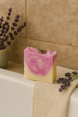 Close up of lavender oatmeal soap for smooth skin