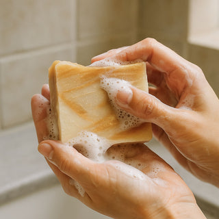 Mystic Trio natural soap with rich creamy lather in hands