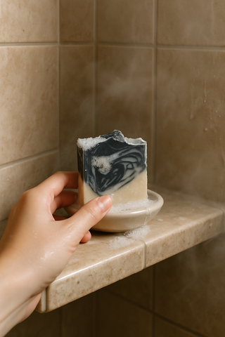 Charcoal Cleanse bar producing creamy lather in hands