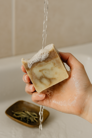 Close up of palosanto soap creating creamy lather