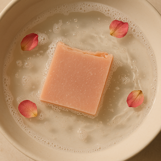 Rose Serenity soap with pink clay and Himalayan salt in bath