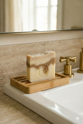Close up of Vetiver Cleanse soap with earthy texture and natural clays